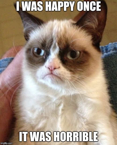 Grumpy Cat | I WAS HAPPY ONCE; IT WAS HORRIBLE | image tagged in memes,grumpy cat | made w/ Imgflip meme maker