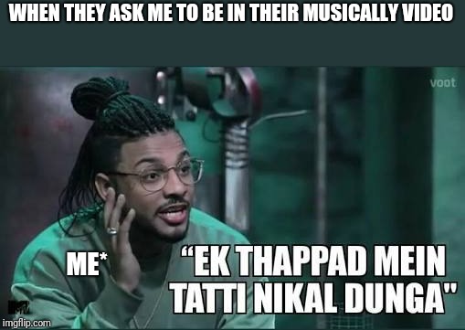 WHEN THEY ASK ME TO BE IN THEIR MUSICALLY VIDEO; ME* | image tagged in funny memes | made w/ Imgflip meme maker