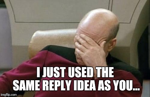 Captain Picard Facepalm Meme | I JUST USED THE SAME REPLY IDEA AS YOU... | image tagged in memes,captain picard facepalm | made w/ Imgflip meme maker