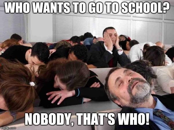 I made this in eighth grade | WHO WANTS TO GO TO SCHOOL? NOBODY, THAT'S WHO! | image tagged in boring | made w/ Imgflip meme maker
