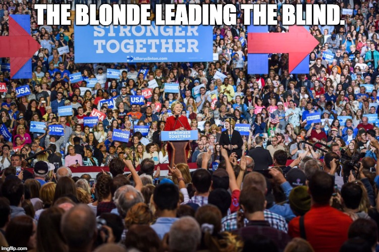 Hillary Clinton. Stronger Together, Lost Together | THE BLONDE LEADING THE BLIND. | image tagged in hillary clinton stronger together lost together | made w/ Imgflip meme maker
