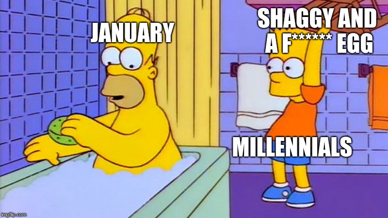 Looks like it's going to be an interesting year. All that's missing is the 'Avengers Endgame memes'. | SHAGGY AND A F****** EGG; JANUARY; MILLENNIALS | image tagged in bart hitting homer with a chair,shaggy meme,shaggy,egg | made w/ Imgflip meme maker