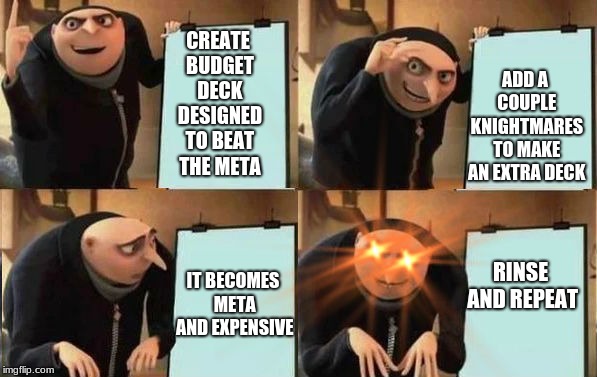 Grus Plan Evil | ADD A COUPLE KNIGHTMARES TO MAKE AN EXTRA DECK; CREATE BUDGET DECK DESIGNED TO BEAT THE META; IT BECOMES META AND EXPENSIVE; RINSE AND REPEAT | image tagged in grus plan evil | made w/ Imgflip meme maker