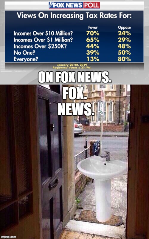 A recent poll on Fox News | ON FOX NEWS. FOX. NEWS. | image tagged in conservatives,taxes | made w/ Imgflip meme maker