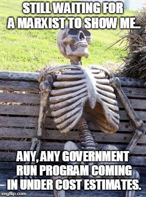 Waiting Skeleton | STILL WAITING FOR A MARXIST TO SHOW ME.. ANY, ANY GOVERNMENT RUN PROGRAM COMING IN UNDER COST ESTIMATES. | image tagged in memes,waiting skeleton | made w/ Imgflip meme maker