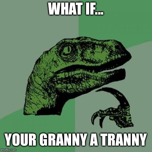 Philosoraptor Meme | WHAT IF... YOUR GRANNY A TRANNY | image tagged in memes,philosoraptor | made w/ Imgflip meme maker