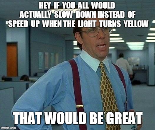 That Would Be Great | HEY  IF  YOU  ALL  WOULD  ACTUALLY  SLOW  DOWN INSTEAD  OF  SPEED  UP  WHEN THE  LIGHT  TURNS  YELLOW; THAT WOULD BE GREAT | image tagged in memes,that would be great | made w/ Imgflip meme maker