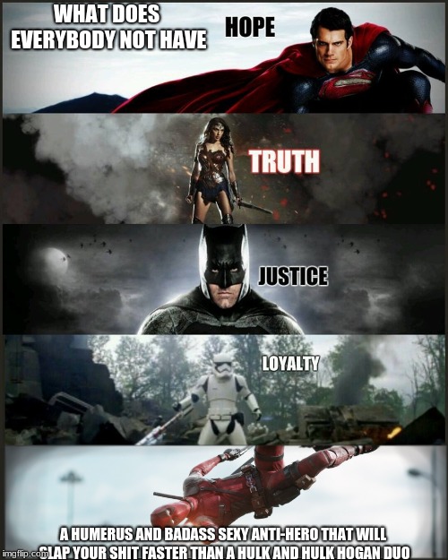 deadpool justice league |  WHAT DOES EVERYBODY NOT HAVE; A HUMERUS AND BADASS SEXY ANTI-HERO THAT WILL SLAP YOUR SHIT FASTER THAN A HULK AND HULK HOGAN DUO | image tagged in deadpool justice league | made w/ Imgflip meme maker