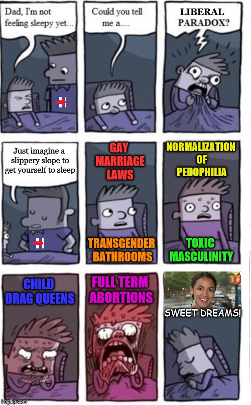 It's a slippery slope | LIBERAL; GAY MARRIAGE LAWS; NORMALIZATION OF PEDOPHILIA; Just imagine a slippery slope to get yourself to sleep; TOXIC MASCULINITY; TRANSGENDER BATHROOMS; CHILD DRAG QUEENS; FULL TERM ABORTIONS; SWEET DREAMS! | image tagged in dad will you tell me a bedtime paradox,memes,lgbtq,liberal logic,slippery | made w/ Imgflip meme maker