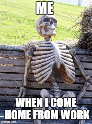 Waiting Skeleton | ME; WHEN I COME HOME FROM WORK | image tagged in memes,waiting skeleton | made w/ Imgflip meme maker