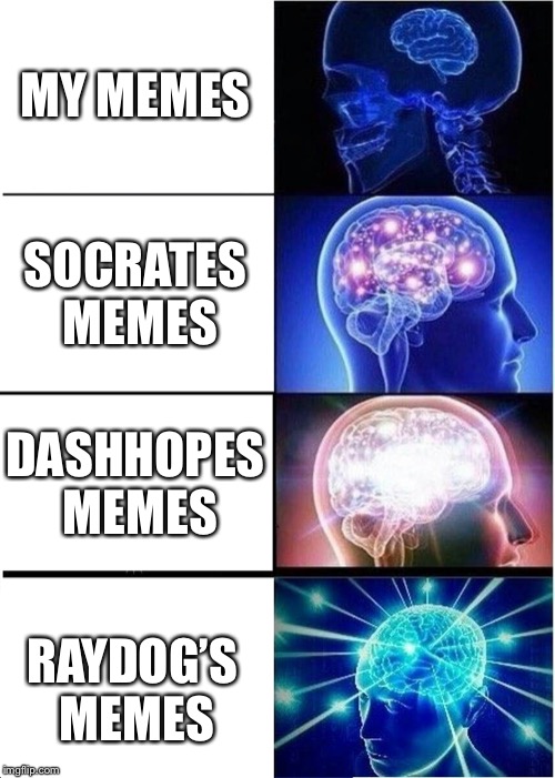 Expanding Brain | MY MEMES; SOCRATES MEMES; DASHHOPES MEMES; RAYDOG’S MEMES | image tagged in memes,expanding brain | made w/ Imgflip meme maker