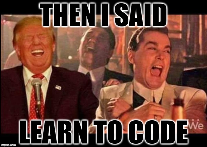 THEN I SAID; LEARN TO CODE | image tagged in goodfellas laugh,trump 2020,code,words that offend liberals | made w/ Imgflip meme maker