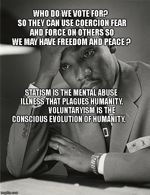 Martin Luther King Jr Facepalm | WHO DO WE VOTE FOR?  SO THEY CAN USE COERCION FEAR AND FORCE ON OTHERS SO WE MAY HAVE FREEDOM AND PEACE ? STATISM IS THE MENTAL ABUSE ILLNESS THAT PLAGUES HUMANITY.              VOLUNTARYISM IS THE CONSCIOUS EVOLUTION OF HUMANITY. | image tagged in martin luther king jr facepalm | made w/ Imgflip meme maker