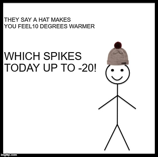 Be Like Bill Meme | THEY SAY A HAT MAKES YOU FEEL10 DEGREES WARMER; WHICH SPIKES TODAY UP TO -20! | image tagged in memes,be like bill | made w/ Imgflip meme maker