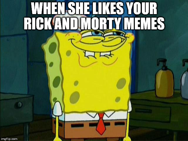 Spongebob Krabby Patties | WHEN SHE LIKES YOUR RICK AND MORTY MEMES | image tagged in spongebob krabby patties | made w/ Imgflip meme maker