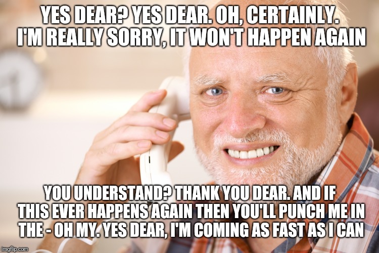 YES DEAR? YES DEAR. OH, CERTAINLY. I'M REALLY SORRY, IT WON'T HAPPEN AGAIN YOU UNDERSTAND? THANK YOU DEAR. AND IF THIS EVER HAPPENS AGAIN TH | made w/ Imgflip meme maker