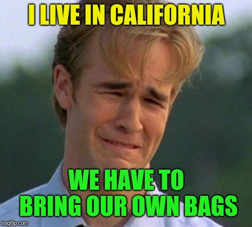 1990s First World Problems Meme | I LIVE IN CALIFORNIA WE HAVE TO BRING OUR OWN BAGS | image tagged in memes,1990s first world problems | made w/ Imgflip meme maker