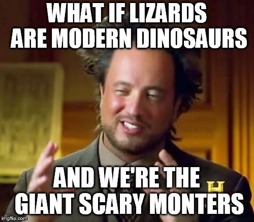 Ancient Aliens Meme | WHAT IF LIZARDS ARE MODERN DINOSAURS; AND WE'RE THE GIANT SCARY MONTERS | image tagged in memes,ancient aliens | made w/ Imgflip meme maker