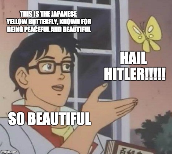 Is This A Pigeon Meme | THIS IS THE JAPANESE YELLOW BUTTERFLY, KNOWN FOR BEING PEACEFUL AND BEAUTIFUL; HAIL HITLER!!!!! SO BEAUTIFUL | image tagged in memes,is this a pigeon | made w/ Imgflip meme maker