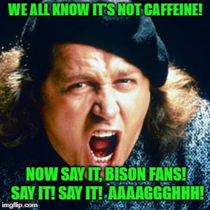 Sam kinison | WE ALL KNOW IT'S NOT CAFFEINE! NOW SAY IT, BISON FANS! SAY IT! SAY IT!  AAAAGGGHHH! | image tagged in sam kinison | made w/ Imgflip meme maker