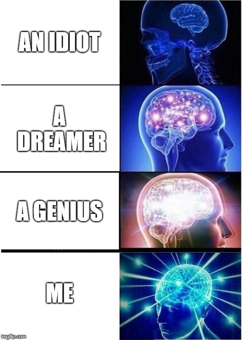 Expanding Brain | AN IDIOT; A DREAMER; A GENIUS; ME | image tagged in memes,expanding brain | made w/ Imgflip meme maker