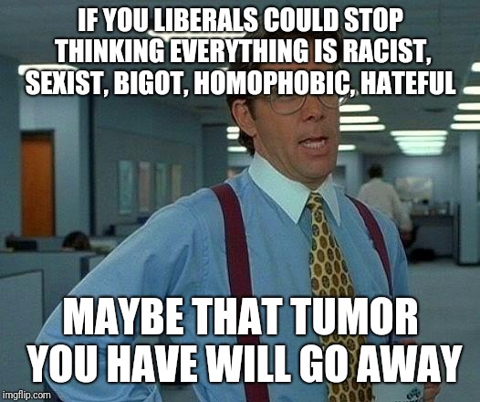 That Would Be Great | IF YOU LIBERALS COULD STOP THINKING EVERYTHING IS RACIST, SEXIST, BIGOT, HOMOPHOBIC, HATEFUL; MAYBE THAT TUMOR YOU HAVE WILL GO AWAY | image tagged in memes,that would be great | made w/ Imgflip meme maker