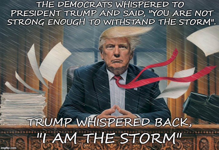 the storm | THE DEMOCRATS WHISPERED TO PRESIDENT TRUMP AND SAID, "YOU ARE NOT STRONG ENOUGH TO WITHSTAND THE STORM". TRUMP WHISPERED BACK, "I AM THE STORM" | image tagged in trump | made w/ Imgflip meme maker
