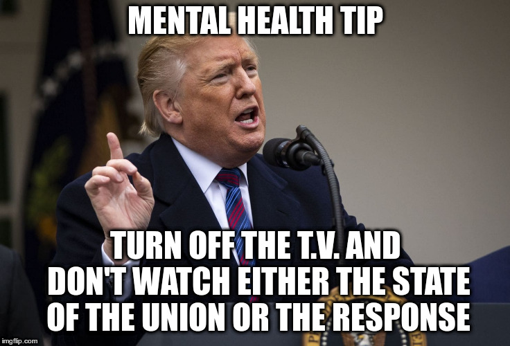 Read about it afterwards | MENTAL HEALTH TIP; TURN OFF THE T.V. AND DON'T WATCH EITHER THE STATE OF THE UNION OR THE RESPONSE | image tagged in humor,trump,state of the union,democratic response,mental health | made w/ Imgflip meme maker