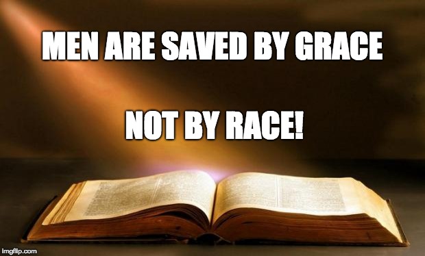 Bible  | MEN ARE SAVED BY GRACE; NOT BY RACE! | image tagged in bible | made w/ Imgflip meme maker