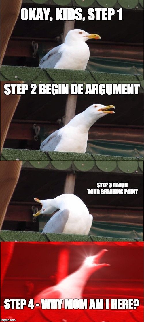 Inhaling Seagull | OKAY, KIDS, STEP 1; STEP 2 BEGIN DE ARGUMENT; STEP 3 REACH YOUR BREAKING POINT; STEP 4 - WHY MOM AM I HERE? | image tagged in memes,inhaling seagull | made w/ Imgflip meme maker