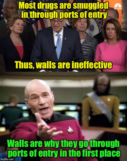 D-fence | Most drugs are smuggled in through ports of entry; Thus, walls are ineffective; Walls are why they go through ports of entry in the first place | image tagged in memes,picard wtf,democrat congressmen,border wall | made w/ Imgflip meme maker