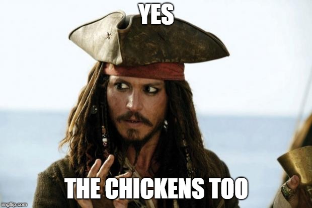 Jack Sparrow Pirate | YES THE CHICKENS TOO | image tagged in jack sparrow pirate | made w/ Imgflip meme maker