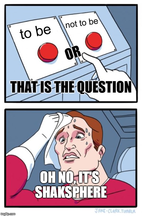 Two Buttons Meme | not to be; to be; OR; THAT IS THE QUESTION; OH NO, IT'S SHAKSPHERE | image tagged in memes,two buttons | made w/ Imgflip meme maker