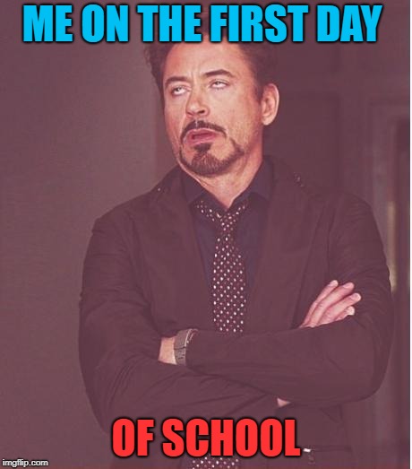 I HATE THE FIRST DAY OF SCHOOL (i mean who doesn't) | ME ON THE FIRST DAY; OF SCHOOL | image tagged in memes,face you make robert downey jr | made w/ Imgflip meme maker