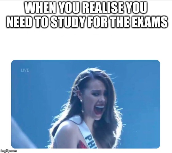 Miss Universe 2018 |  WHEN YOU REALISE YOU NEED TO STUDY FOR THE EXAMS | image tagged in miss universe 2018 | made w/ Imgflip meme maker