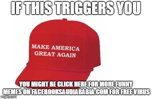 Make America great again hat | IF THIS TRIGGERS YOU YOU MIGHT BE CLICK HERE FOR MORE FUNNY MEMES ON FACEBOOKSAUDIARABIA.COM FOR FREE VIRUS | image tagged in make america great again hat | made w/ Imgflip meme maker