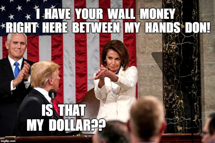 SOTU Address | I  HAVE  YOUR  WALL  MONEY  RIGHT  HERE  BETWEEN  MY  HANDS  DON! IS  THAT  MY  DOLLAR?? | image tagged in pelosi,wall | made w/ Imgflip meme maker