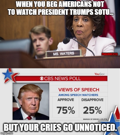 Maxine Waters gets dissed and dismissed! | WHEN YOU BEG AMERICANS NOT TO WATCH PRESIDENT TRUMPS SOTU... PARADOX3713; BUT YOUR CRIES GO UNNOTICED. | image tagged in maxine waters,democrats,sotu,president trump,winning,memes | made w/ Imgflip meme maker