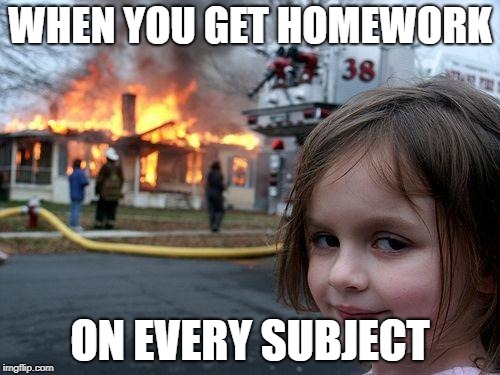 Disaster Girl Meme | WHEN YOU GET HOMEWORK; ON EVERY SUBJECT | image tagged in memes,disaster girl | made w/ Imgflip meme maker