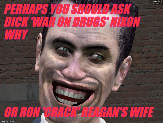 . | PERHAPS YOU SHOULD ASK DICK 'WAR ON DRUGS' NIXON WHY OR RON 'CRACK' REAGAN'S WIFE | image tagged in g-man from half-life | made w/ Imgflip meme maker