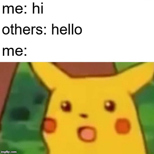 Surprised Pikachu | me: hi; others: hello; me: | image tagged in memes,surprised pikachu | made w/ Imgflip meme maker