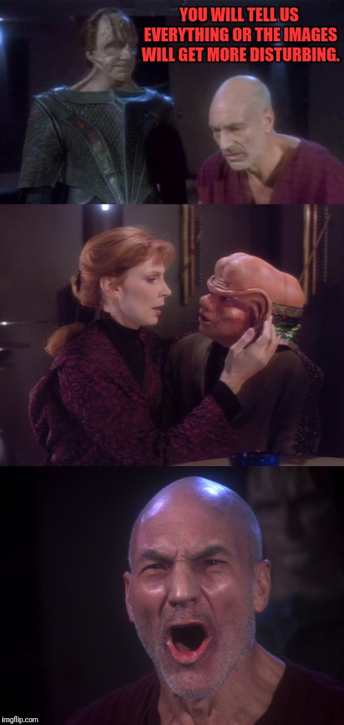 the torture of picard  | YOU WILL TELL US EVERYTHING OR THE IMAGES WILL GET MORE DISTURBING. | image tagged in star trek tng,star trek the next generation,star trek week,captain picard,picard | made w/ Imgflip meme maker