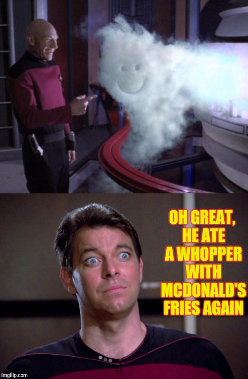 Never Cross Fast Food | OH GREAT, HE ATE A WHOPPER WITH MCDONALD'S FRIES AGAIN | image tagged in star trek tng,star trek the next generation,riker,captain picard,picard,star trek | made w/ Imgflip meme maker