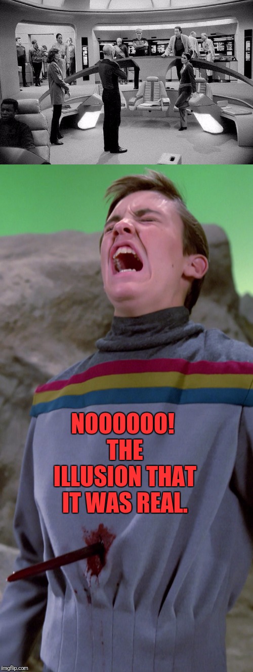 Nooooo! Right in the Childhood |  NOOOOOO! THE ILLUSION THAT IT WAS REAL. | image tagged in star trek tng,star trek the next generation,star trek,wesley crusher | made w/ Imgflip meme maker