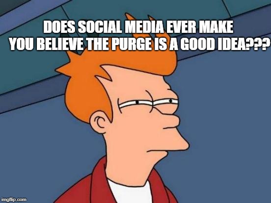 Futurama Fry | DOES SOCIAL MEDIA EVER MAKE YOU BELIEVE THE PURGE IS A GOOD IDEA??? | image tagged in memes,futurama fry | made w/ Imgflip meme maker