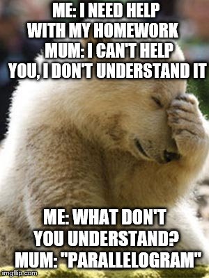 Facepalm Bear |  ME: I NEED HELP WITH MY HOMEWORK    
MUM: I CAN'T HELP YOU, I DON'T UNDERSTAND IT; ME: WHAT DON'T YOU UNDERSTAND? 
MUM: "PARALLELOGRAM" | image tagged in memes,facepalm bear,homework,don't understand | made w/ Imgflip meme maker