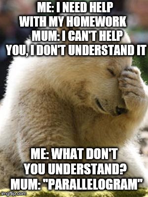 Facepalm Bear | ME: I NEED HELP WITH MY HOMEWORK    
MUM: I CAN'T HELP YOU, I DON'T UNDERSTAND IT; ME: WHAT DON'T YOU UNDERSTAND? 
MUM: "PARALLELOGRAM" | image tagged in memes,facepalm bear,homework,don't understand | made w/ Imgflip meme maker