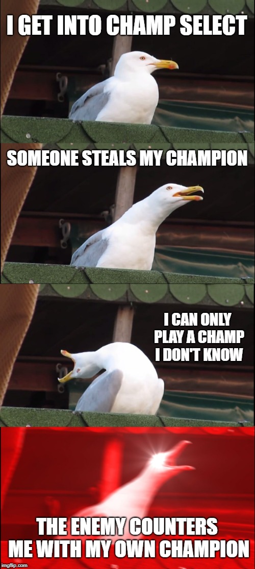 Inhaling Seagull Meme | I GET INTO CHAMP SELECT; SOMEONE STEALS MY CHAMPION; I CAN ONLY PLAY A CHAMP I DON'T KNOW; THE ENEMY COUNTERS ME WITH MY OWN CHAMPION | image tagged in memes,inhaling seagull | made w/ Imgflip meme maker