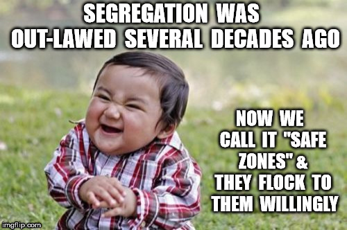 Evil Toddler Meme | SEGREGATION  WAS  OUT-LAWED  SEVERAL  DECADES  AGO; NOW  WE  CALL  IT  "SAFE  ZONES" &  THEY  FLOCK  TO  THEM  WILLINGLY | image tagged in memes,evil toddler | made w/ Imgflip meme maker
