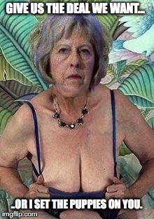 Brexit Boobs | GIVE US THE DEAL WE WANT... ..OR I SET THE PUPPIES ON YOU. | image tagged in brexit boobs | made w/ Imgflip meme maker